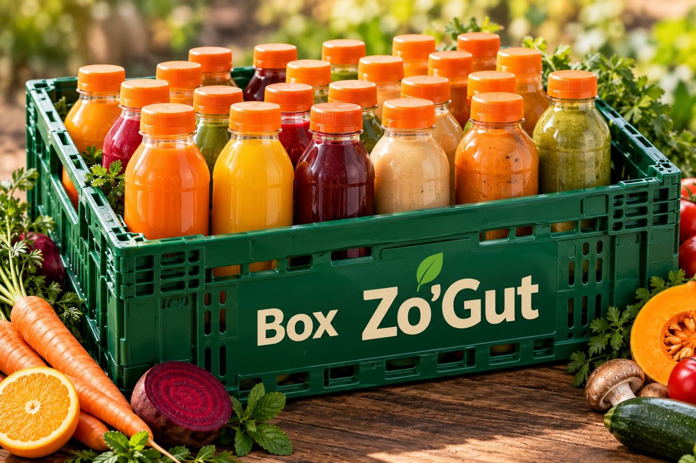 La Box Zo'Gut : une caisse remplie de bouteilles de jus frais et de veloutés, entourée de fruits et légumes